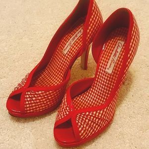 Charlotte Russe red and white gingham peep toe d'orsay pumps, 6M